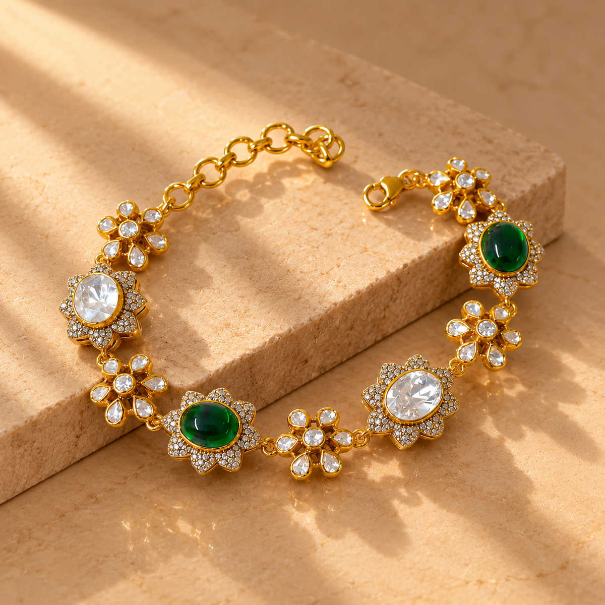 925 Silver Gold Plated Floral Polki Quartz Bracelet