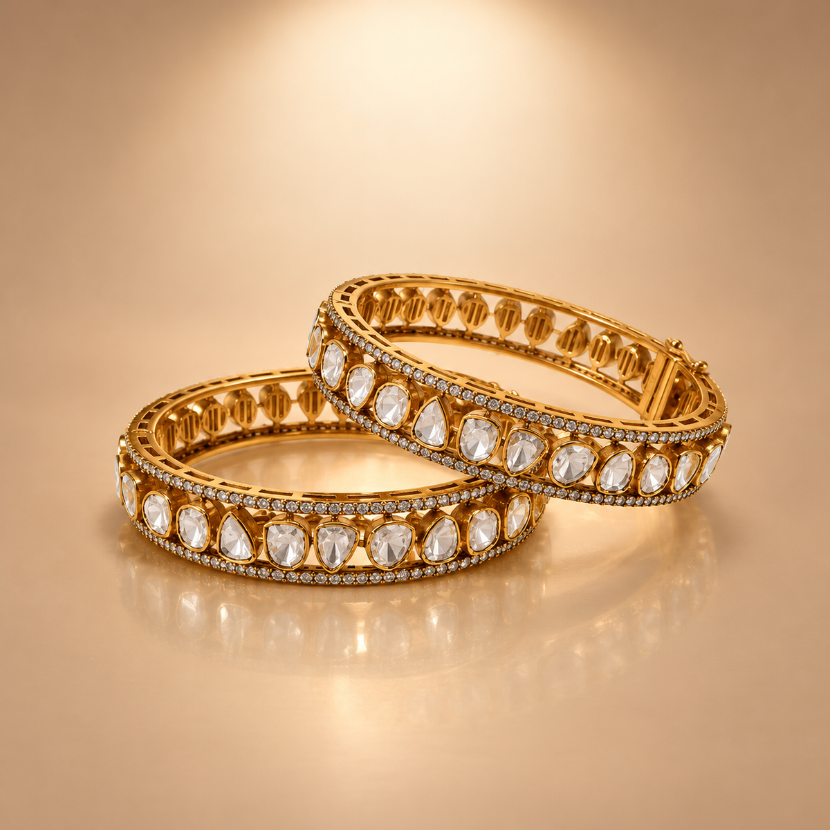 925 Silver Gold Plated Moissanite Polki Bangles Set