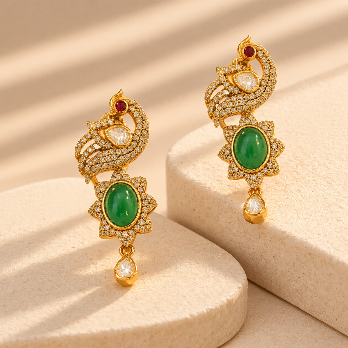 925 Silver Emerald Green Moissanite Polki Peacock Earrings