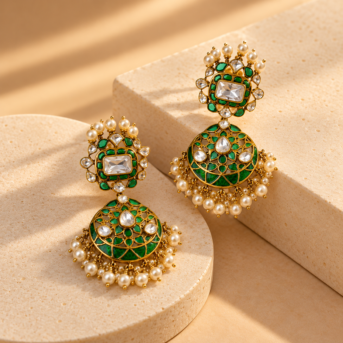 Green Moissanite Polki Pearl Jhumka Earrings