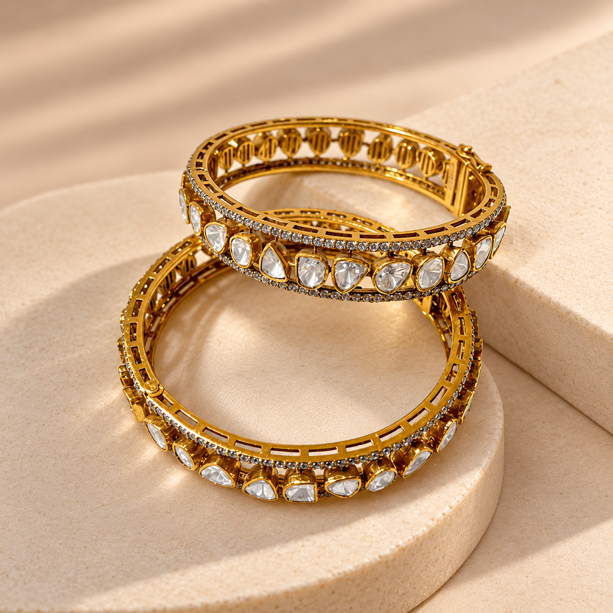 925 Silver Gold Plated Moissanite Polki Bangles Set