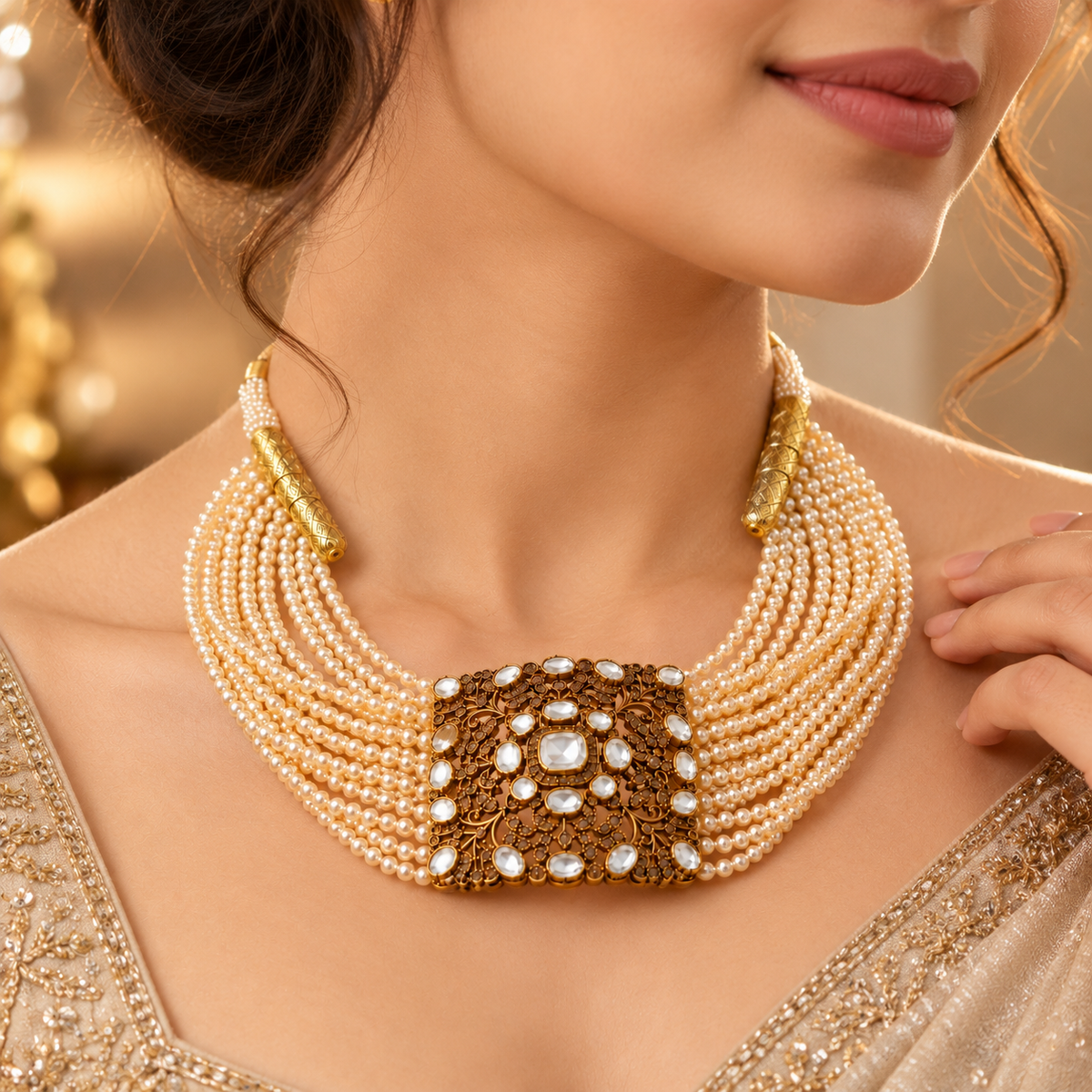 925 Silver Moissanite Kundan Pearl Choker Necklace