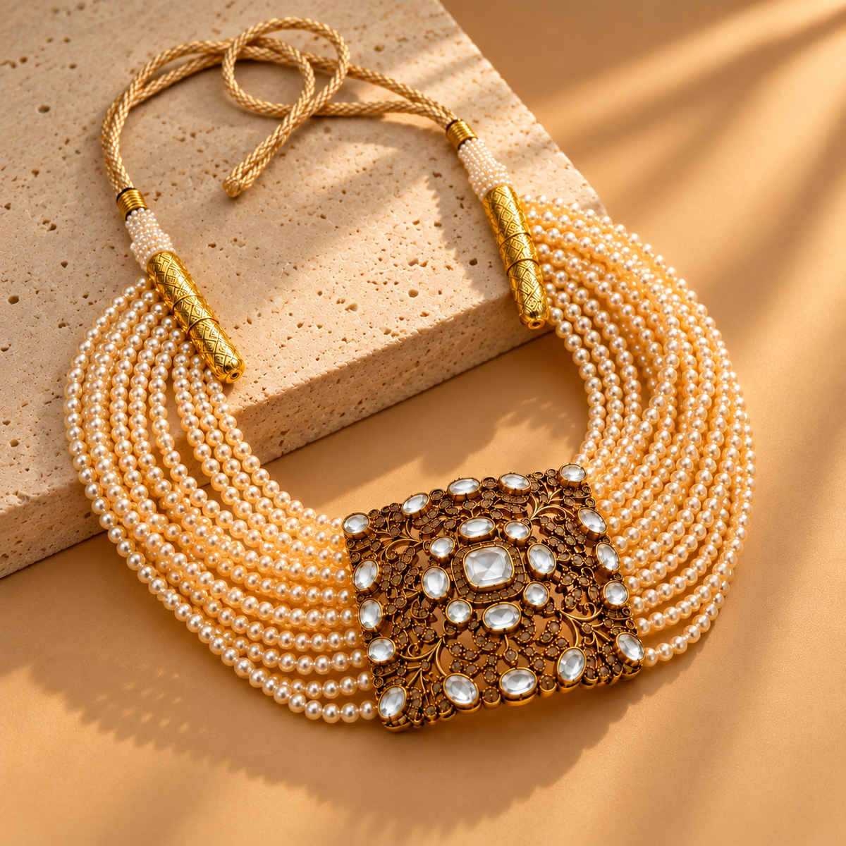 925 Silver Moissanite Kundan Pearl Choker Necklace