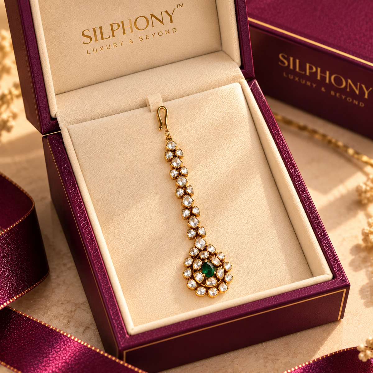 925 Silver Emerald Green Moissanite Maang Tikka