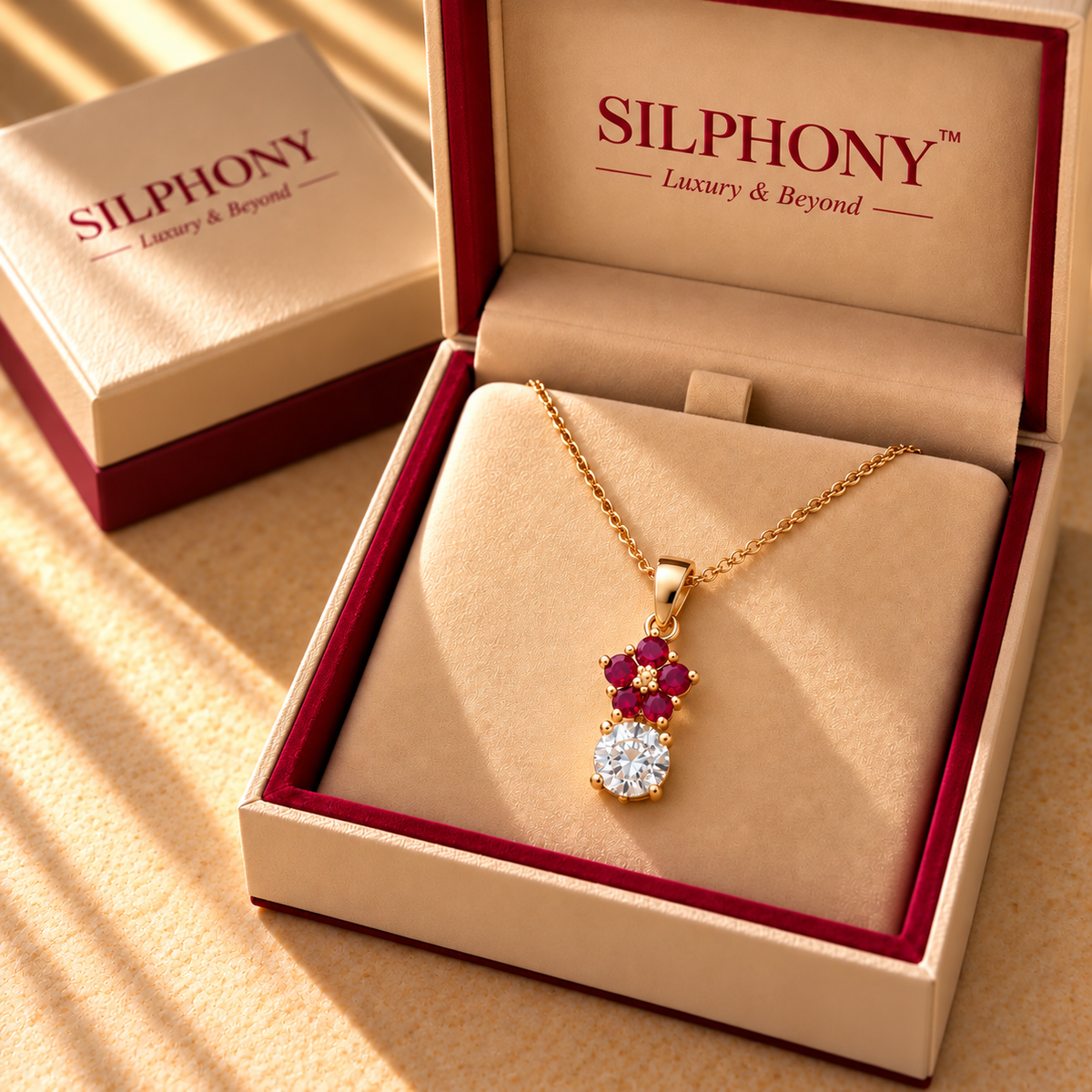 925 Silver Moissanite Red Flower Pendant Chain