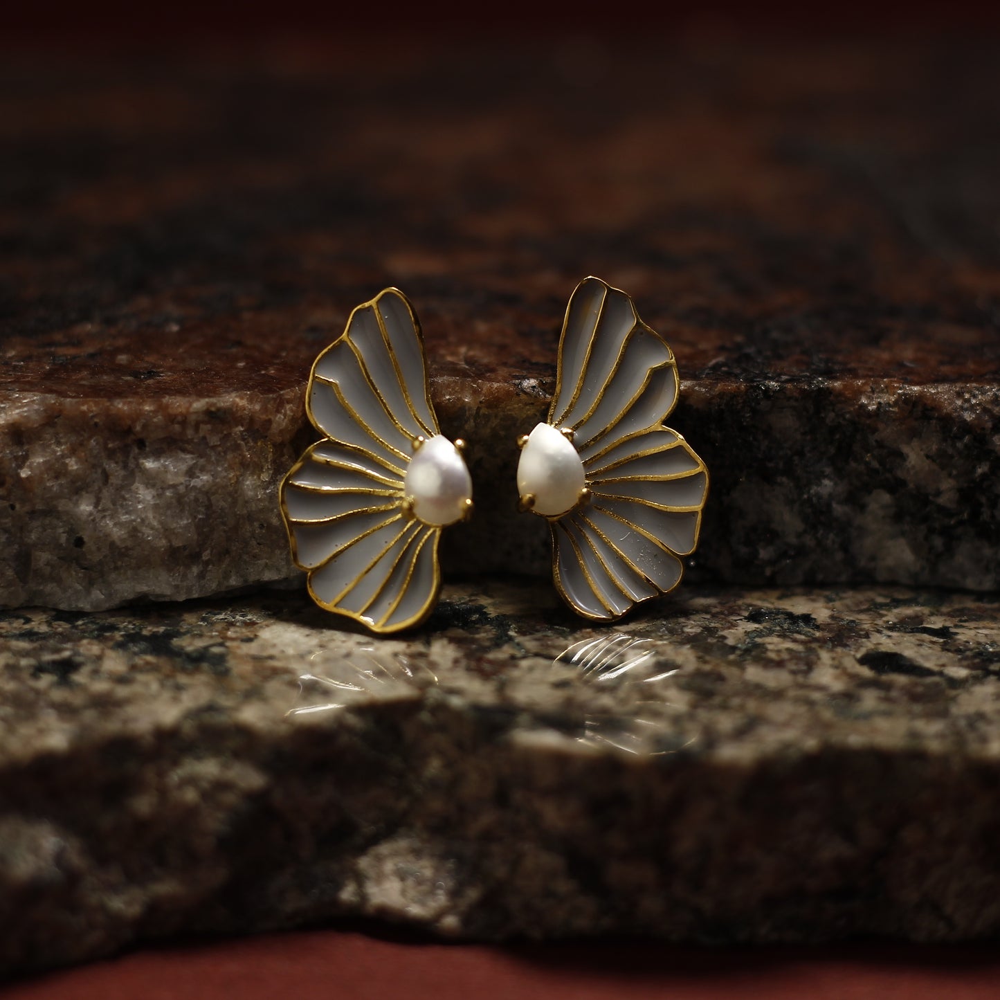 Pearl Wing Petal Enamel Stud Earrings