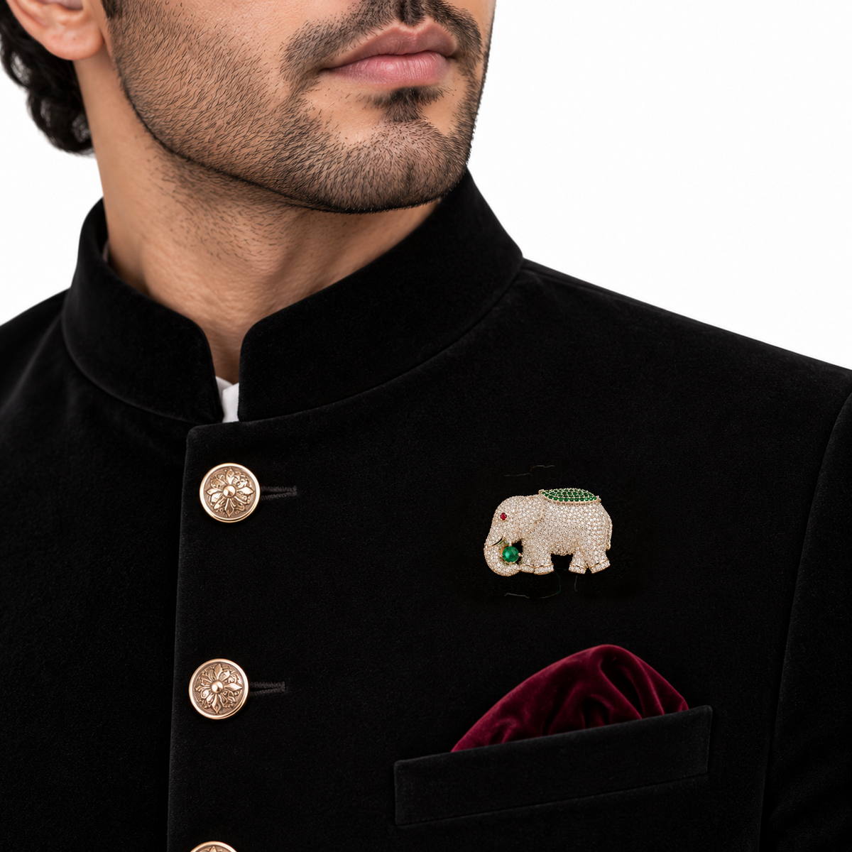 Luxury Elephant Brooch Pin for Men, Crystal Rhinestone Green Quartz Jewelry Gift
