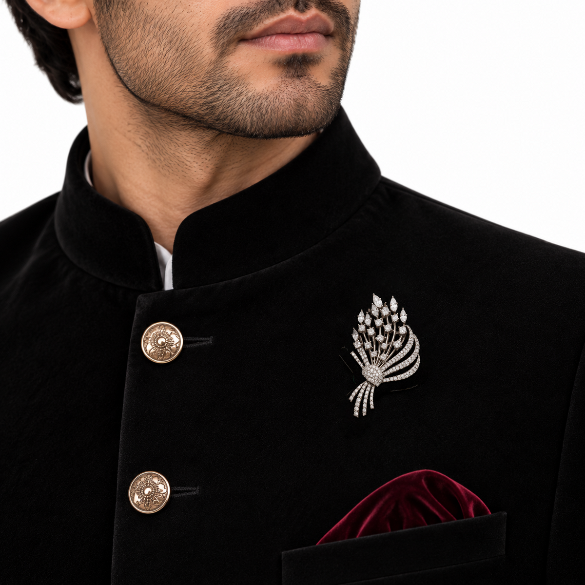 Sparkling Floral Brooch for Men, Bouquet Pin for Sherwani, Bridal & Wedding Wear