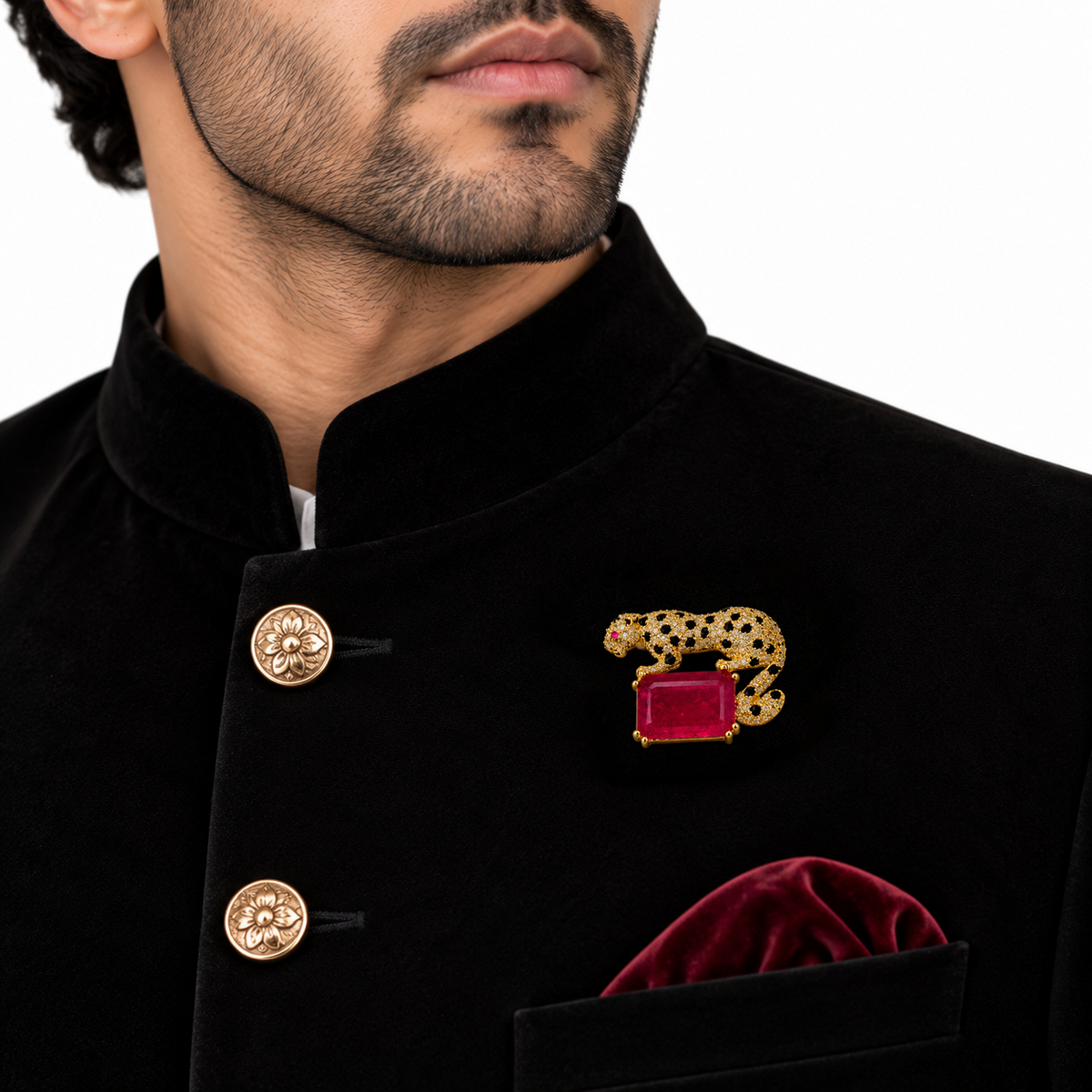 Royal Leopard Brooch with Ruby Pink Quartz Gemstone for Men