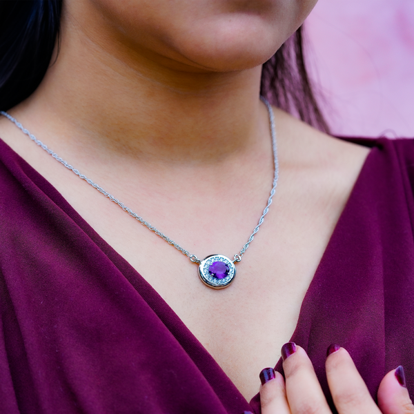One-of-One 92.5 Silver Simulant Amethyst Round Pendant Necklace