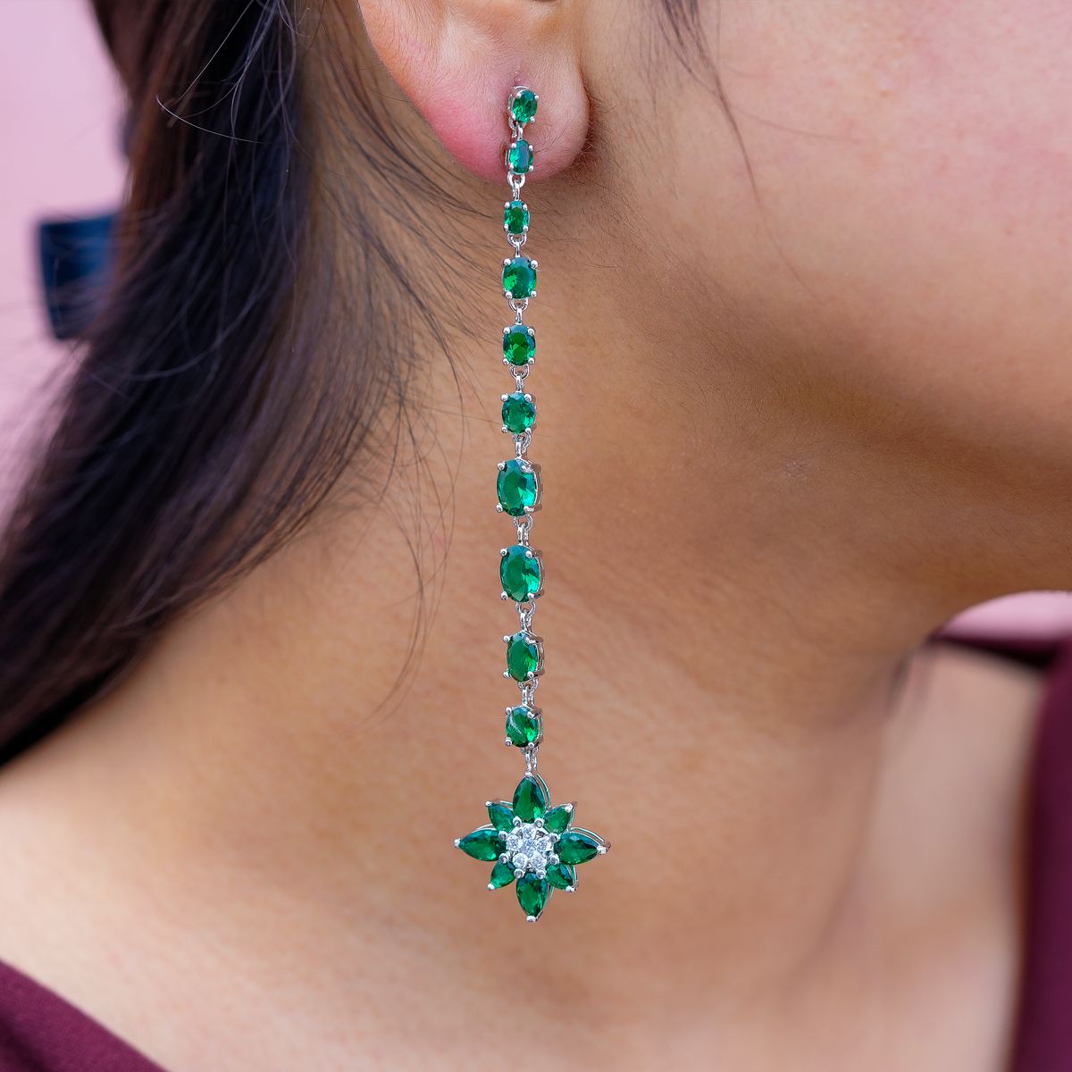 One-of-One 92.5 Silver Green Floral Drop Earrings