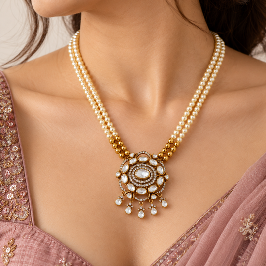 925 Silver Moissanite Polki Pearl Strand Necklace