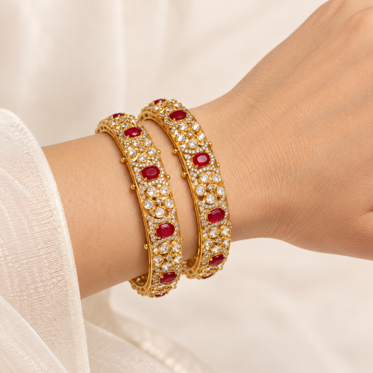 925 Silver Gold Plated Red Ruby Polki Bangles