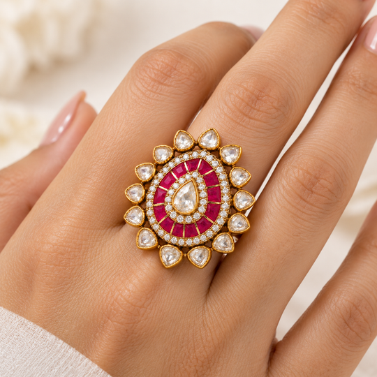 925 Silver Moissanite Polki Ruby Teardrop Ring