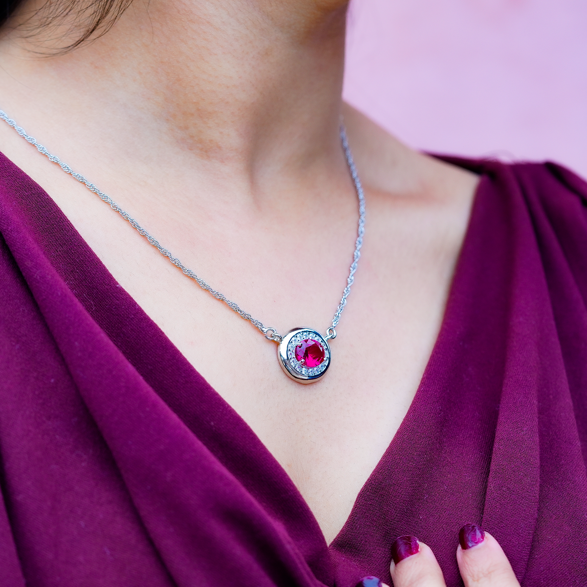 One-of-One 92.5 Silver Round Simulant Ruby Pendant