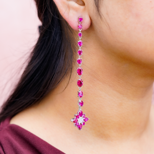 92.5 Silver Ruby Floral Drop Earrings
