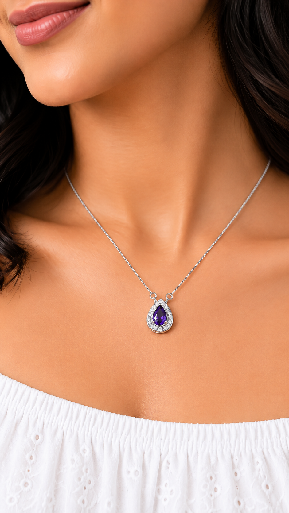 One-of-One 92.5 Silver Simulant Amethyst Teardrop Pendant Necklace