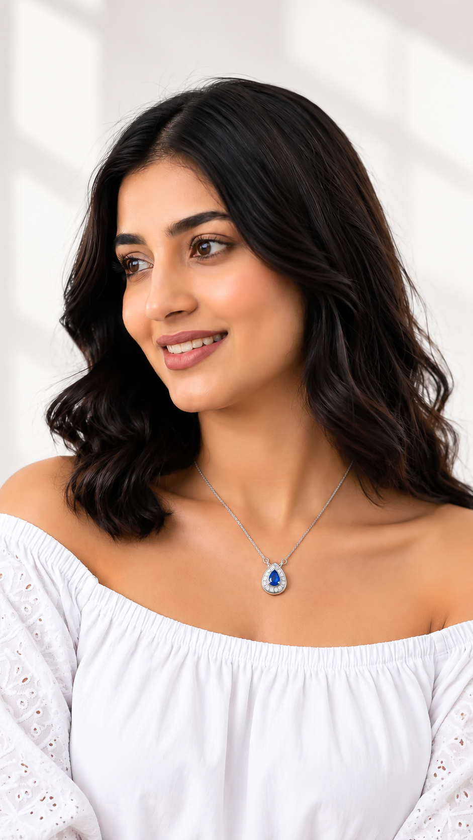 One-of One 92.5 Silver Teardrop Blue Simulant Sapphire Pendant Necklace