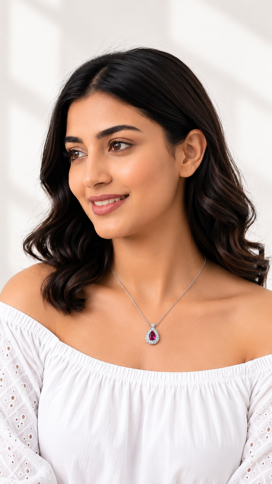 One-of One 92.5 Silver Teardrop Red Simulant Ruby Pendant Necklace