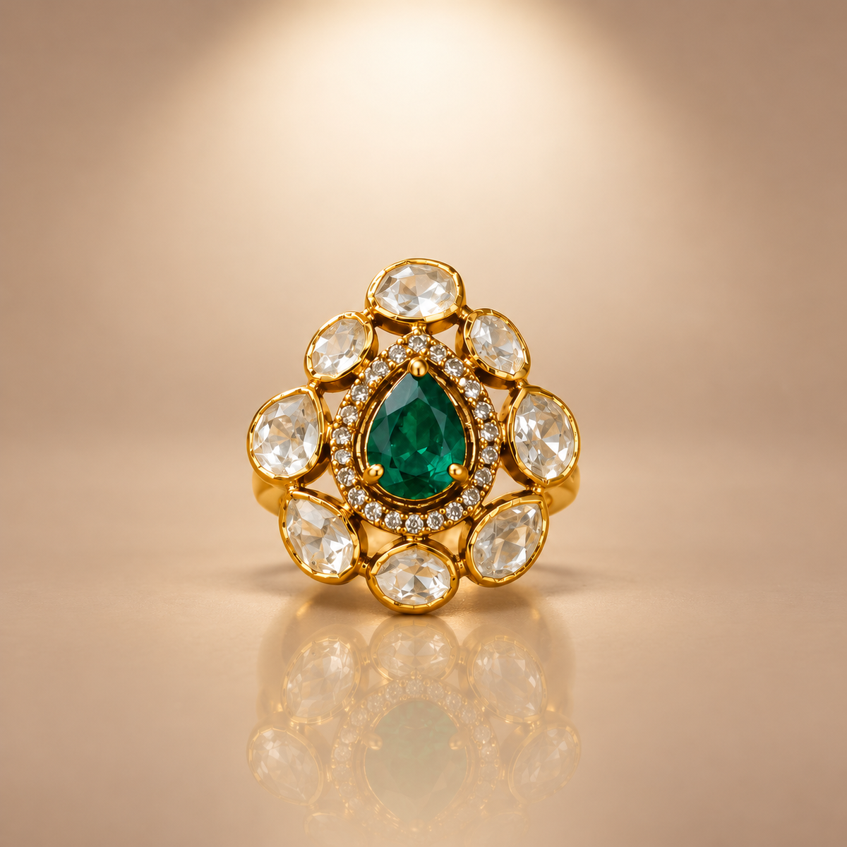 925 Silver Moissanite Green Emerald Polki Ring