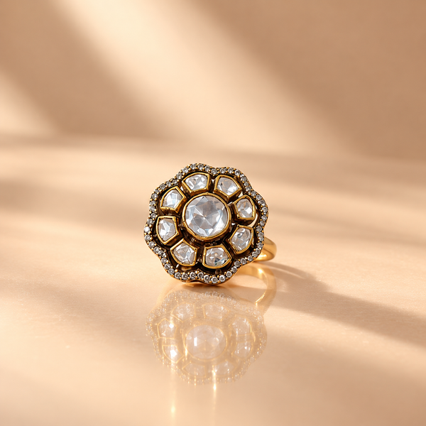 925 Sterling Silver Moissanite Polki Floral Ring