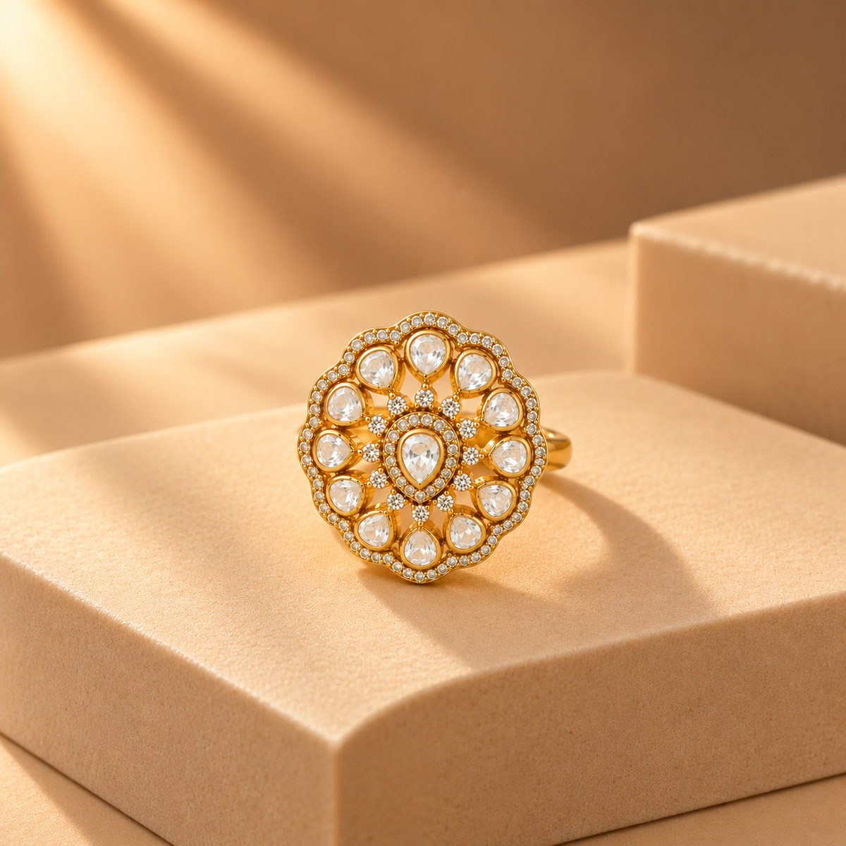 925 Silver Gold Plated Floral Polki Ring