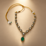 925 Silver Green Emerald Moissanite Oval Polki Necklace