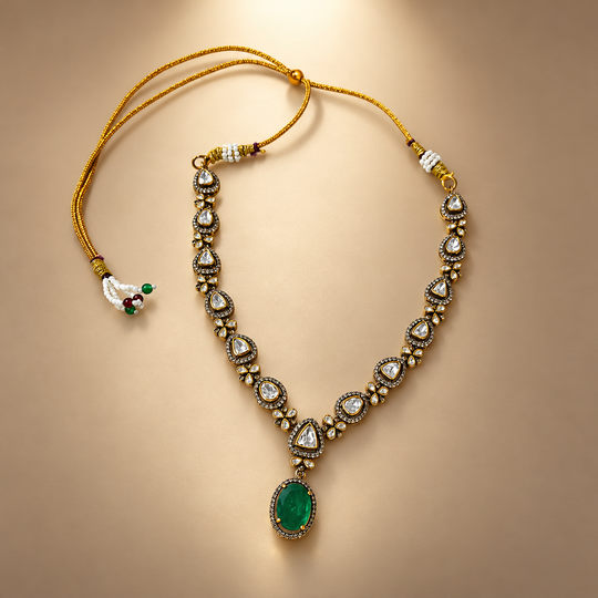 925 Silver Green Emerald Moissanite Oval Polki Necklace
