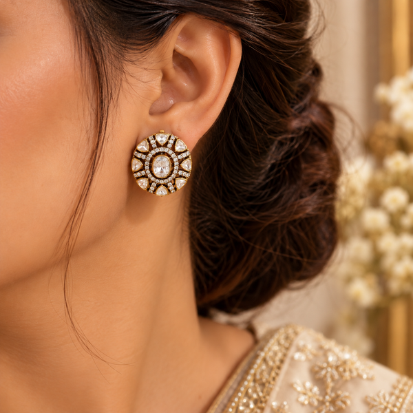 925 Silver Moissanite Polki Gold Plated Round Earrings