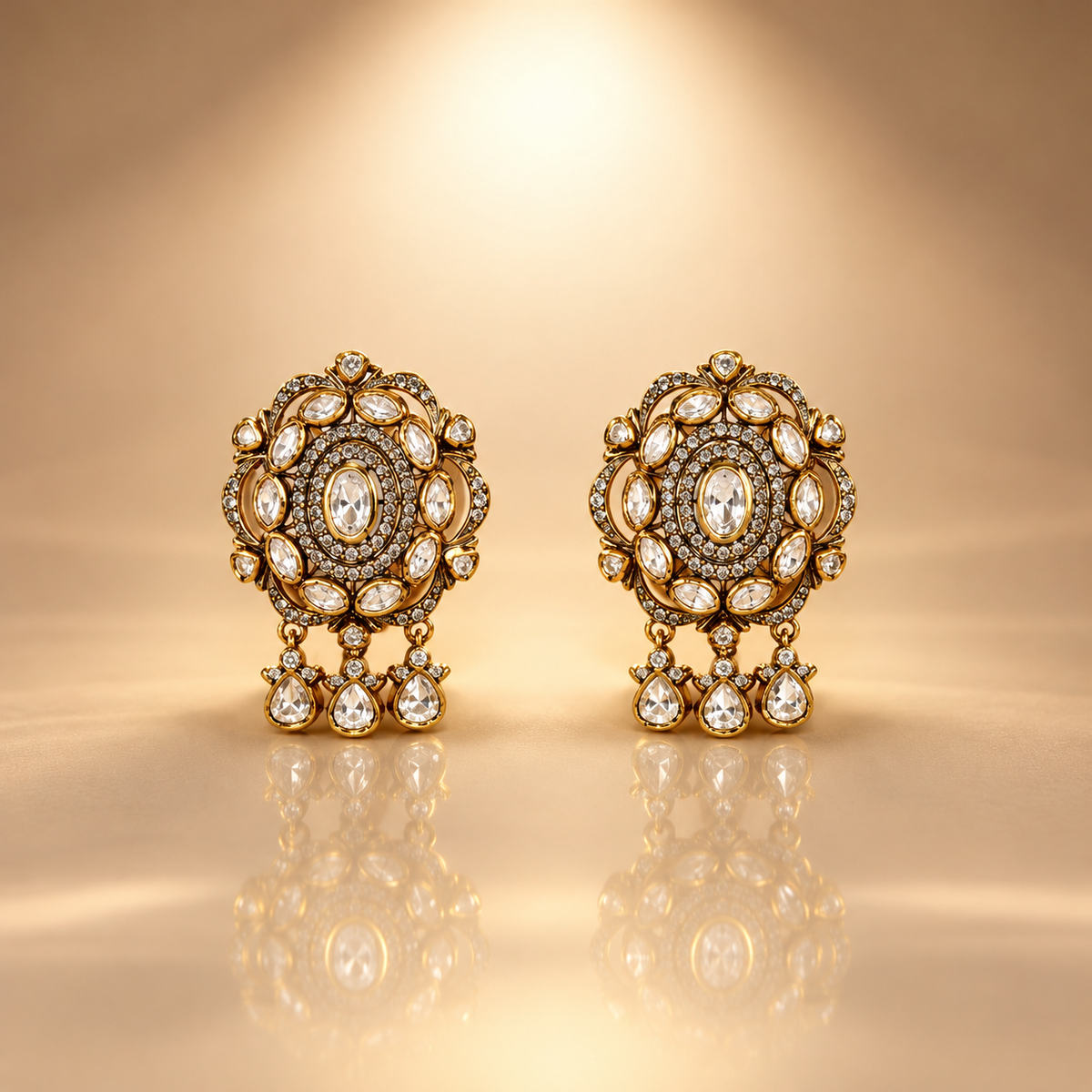 925 Silver Moissanite Polki Floral Dangler Earrings