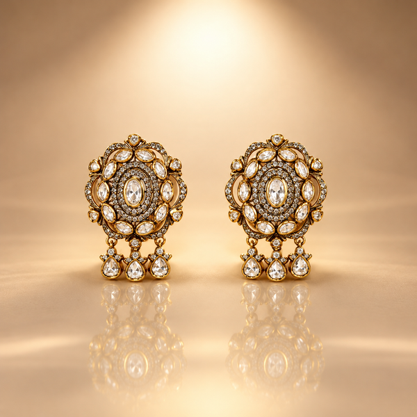 925 Silver Moissanite Polki Floral Dangler Earrings