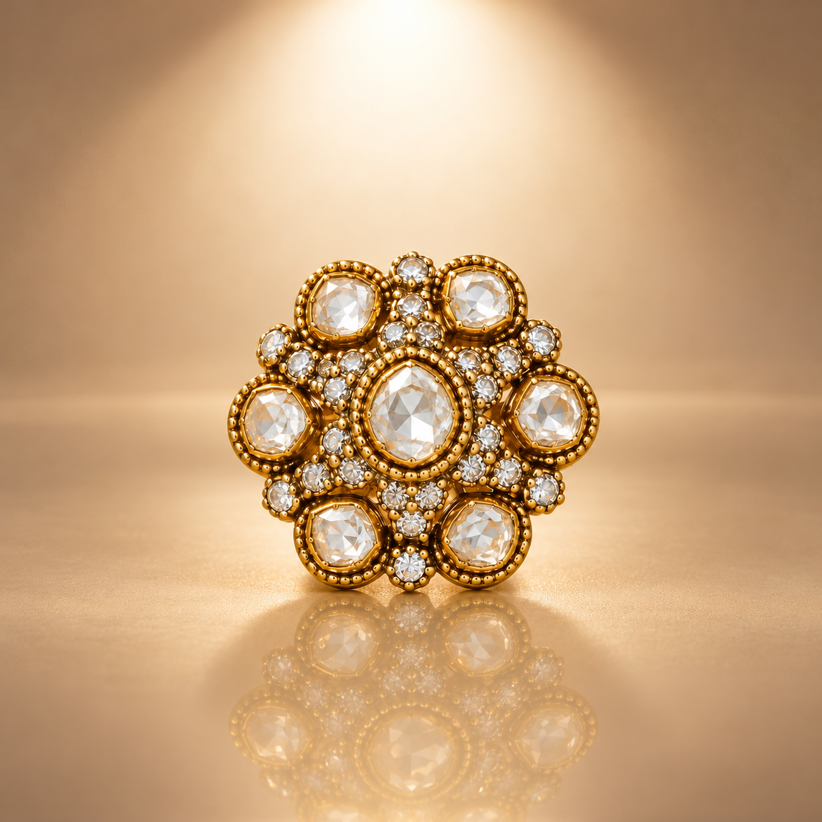 925 Silver Moissanite Polki Flower Ring