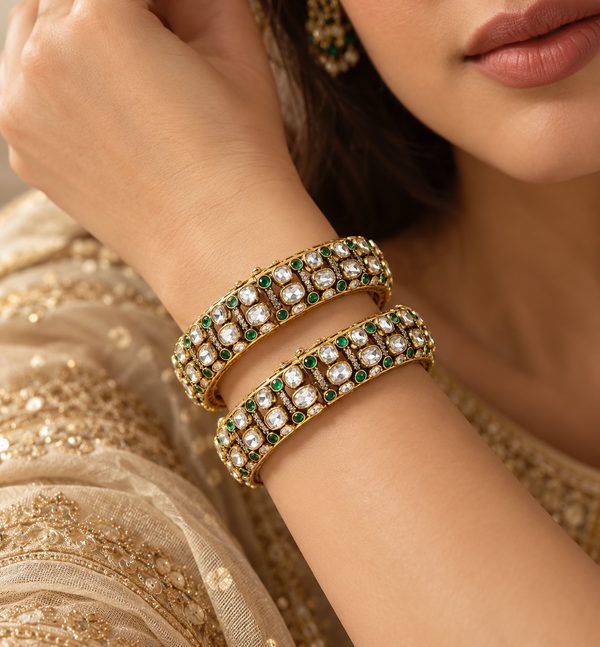 925 Silver Moissanite Polki Gold Plated Bangle Set