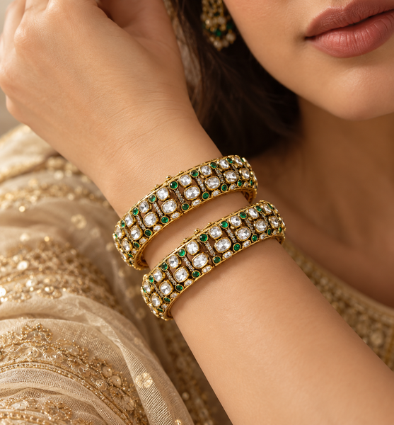 925 Silver Moissanite Polki Gold Plated Bangle Set