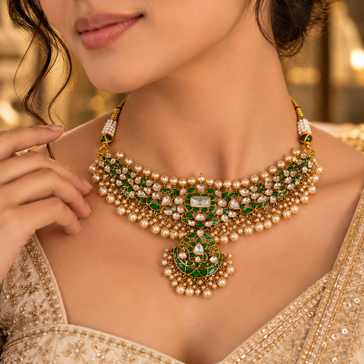 925 Silver Green Moissanite Polki Choker Necklace