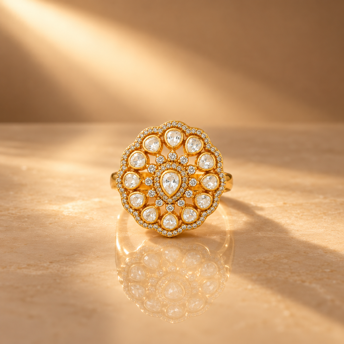 925 Silver Gold Plated Floral Polki Ring