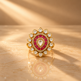925 Silver Moissanite Polki Ruby Teardrop Ring