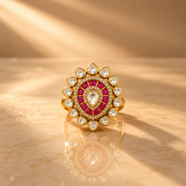 925 Silver Moissanite Polki Ruby Teardrop Ring