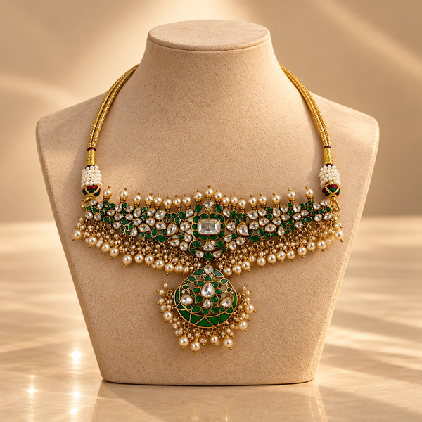 925 Silver Green Moissanite Polki Choker Necklace
