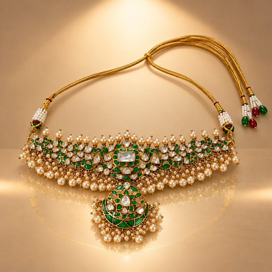 925 Silver Green Moissanite Polki Choker Necklace