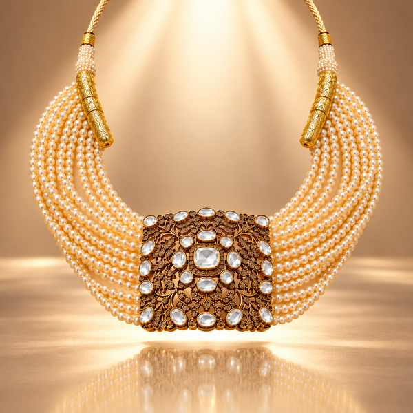925 Silver Moissanite Kundan Pearl Choker Necklace