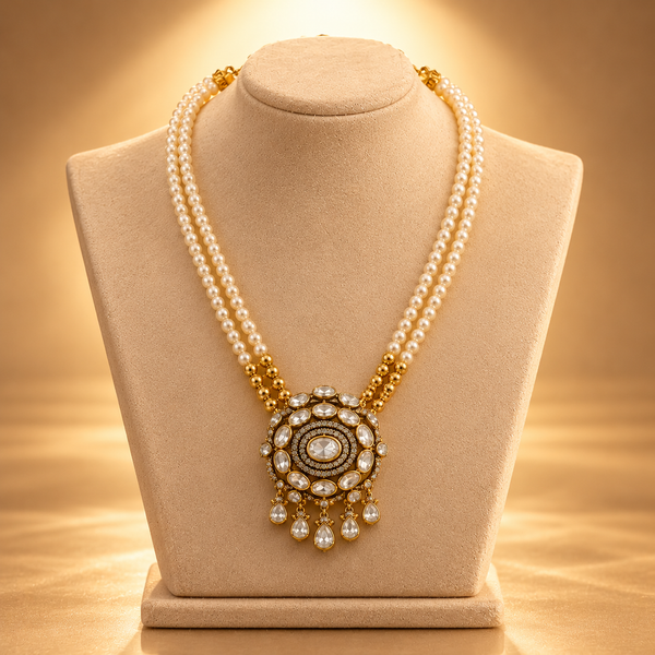 925 Silver Moissanite Polki Pearl Strand Necklace