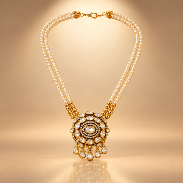 925 Silver Moissanite Polki Pearl Strand Necklace