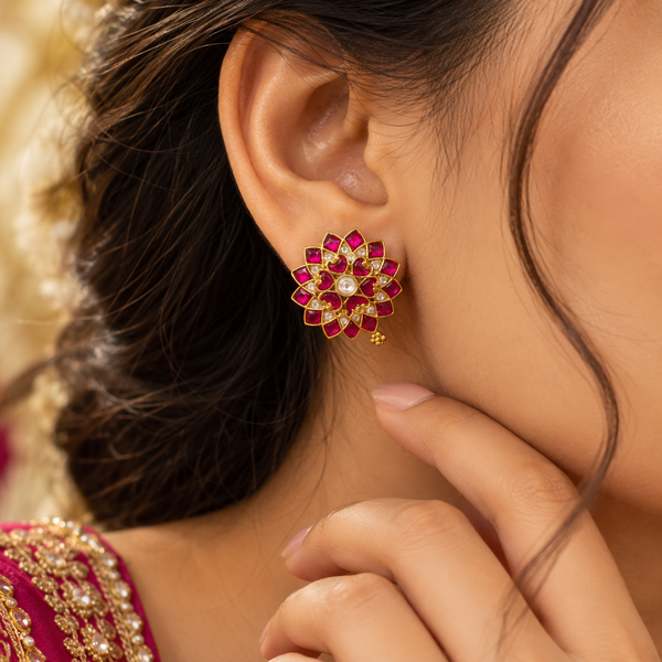 Pink Kundan Floral Stud Earrings for Women
