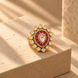 925 Silver Moissanite Polki Ruby Teardrop Ring