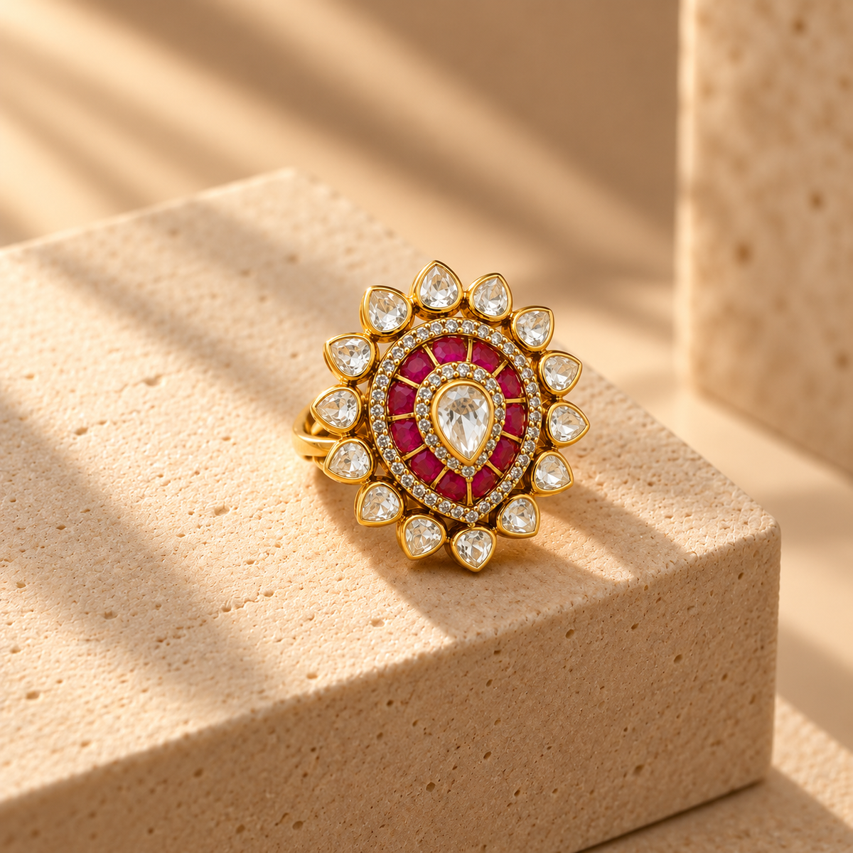 925 Silver Moissanite Polki Ruby Teardrop Ring