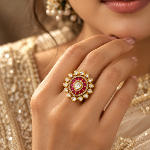 925 Silver Moissanite Polki Ruby Teardrop Ring