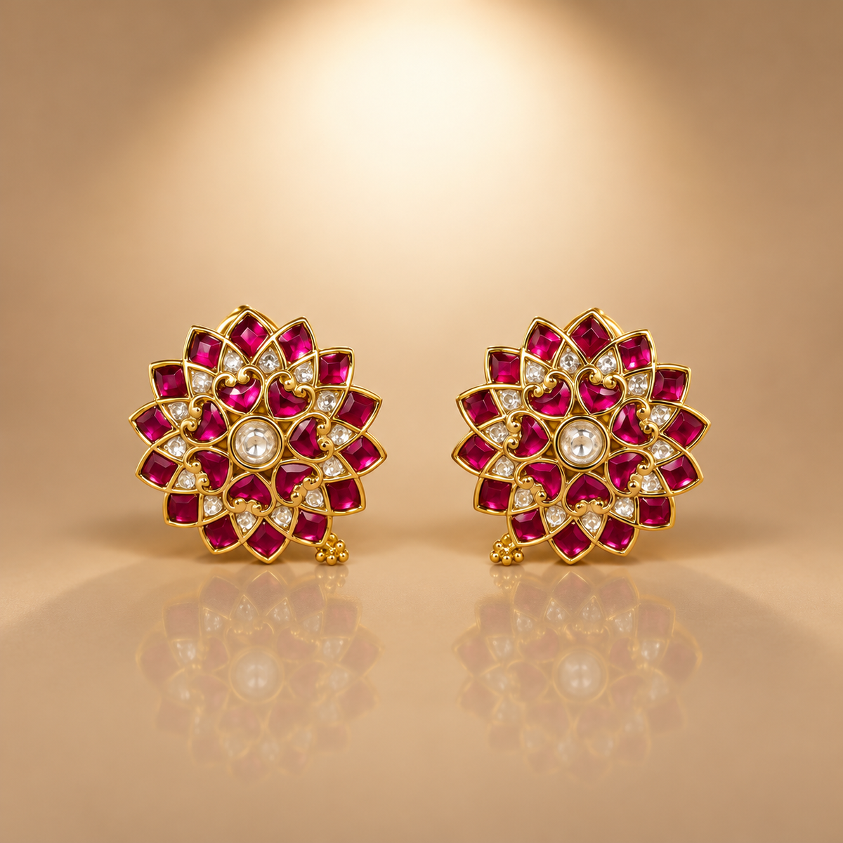Pink Kundan Floral Stud Earrings for Women