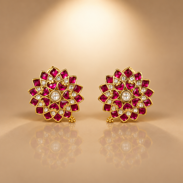 Pink Kundan Floral Stud Earrings for Women