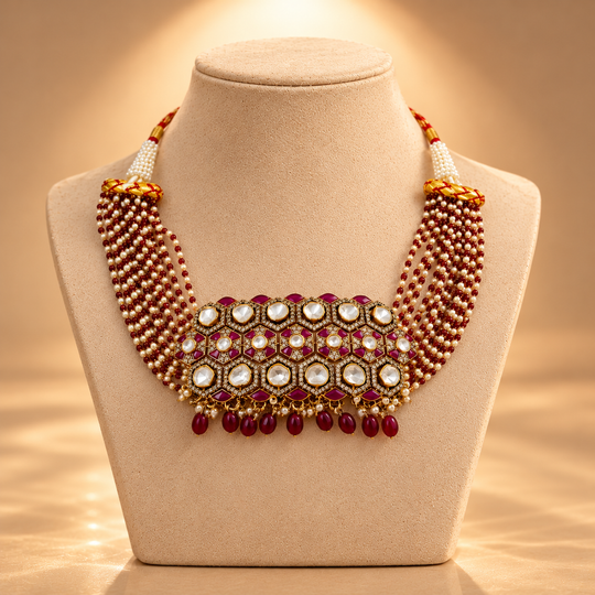 925 Sterling Silver Polki Moissanite Traditional Bridal Necklace